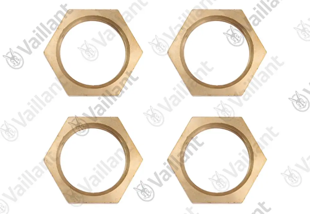 Vierreihige Mutter aus Metall, hexagonale Form, in Goldfarbe. Vier Stück, geeignet für verschiedene Anwendungen, Marke Vaillant.